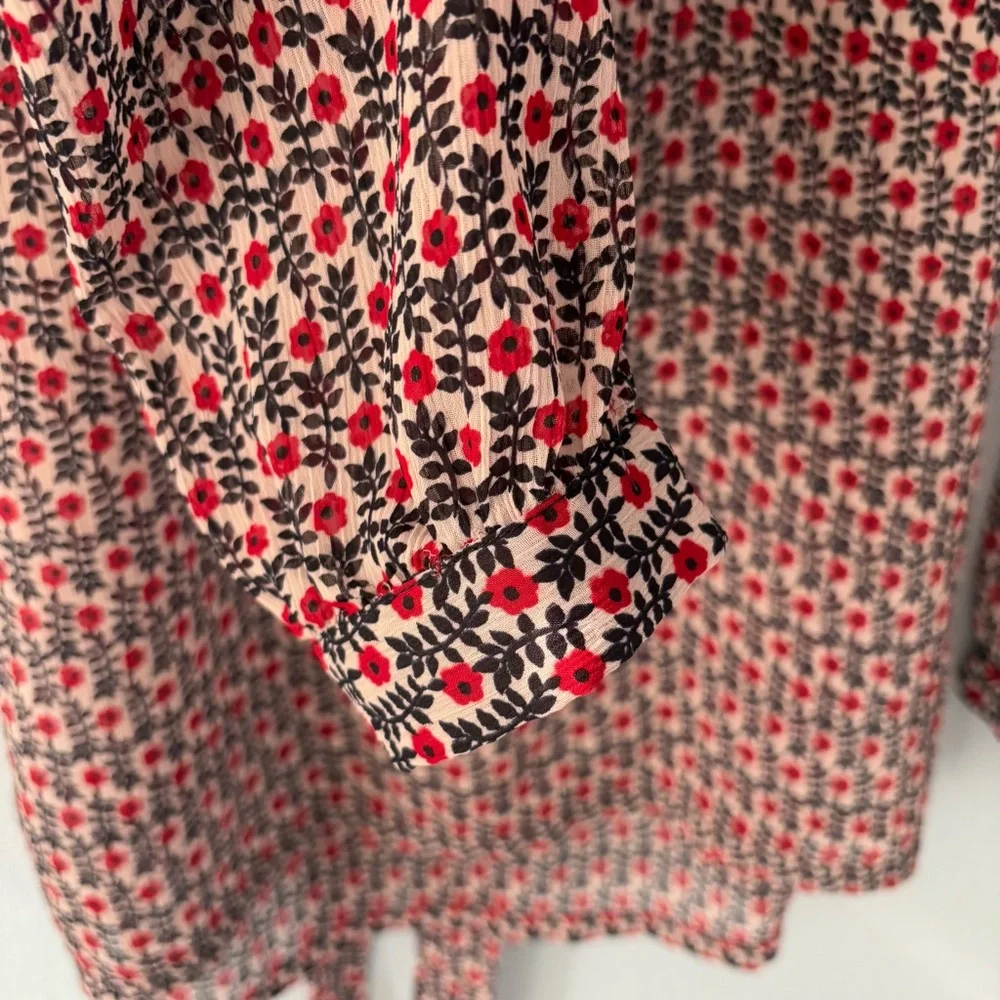 Vintage Forever 21 Red Black Floral Sheer Tunic Top Ruffle Y2K - Picture 7 of 14